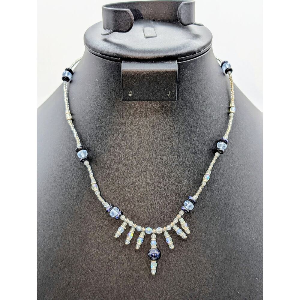 925 Sterling Silver AB Crystal Blue Goldstone Beaded 18" Necklace